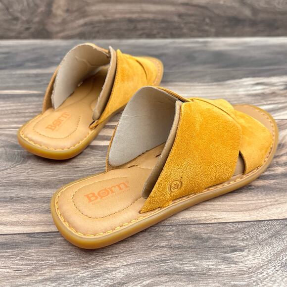 NIB Born Celena 8M Yellow Suede Cross Strap Flat Comfort Slide Sandals - Picture 4 of 10